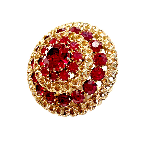 Vintage Mid Century Brooch Gold Red Glass Rhinestones Stacked Dimensional Round - Picture 8 of 9